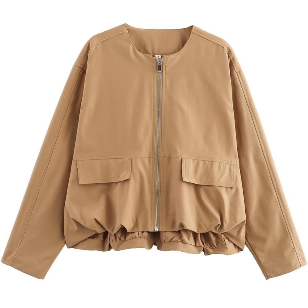 NWOT Cropped Bomber Jacket Long Sleeve Zip Up Casual Coats Loose Fit w/Pockets